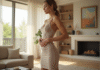 Femme confiante dans un salon lumineux portant une robe élégante