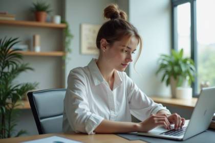 Jeune femme en tenue casual et bureau moderne en train d'étudier un mockup de site web