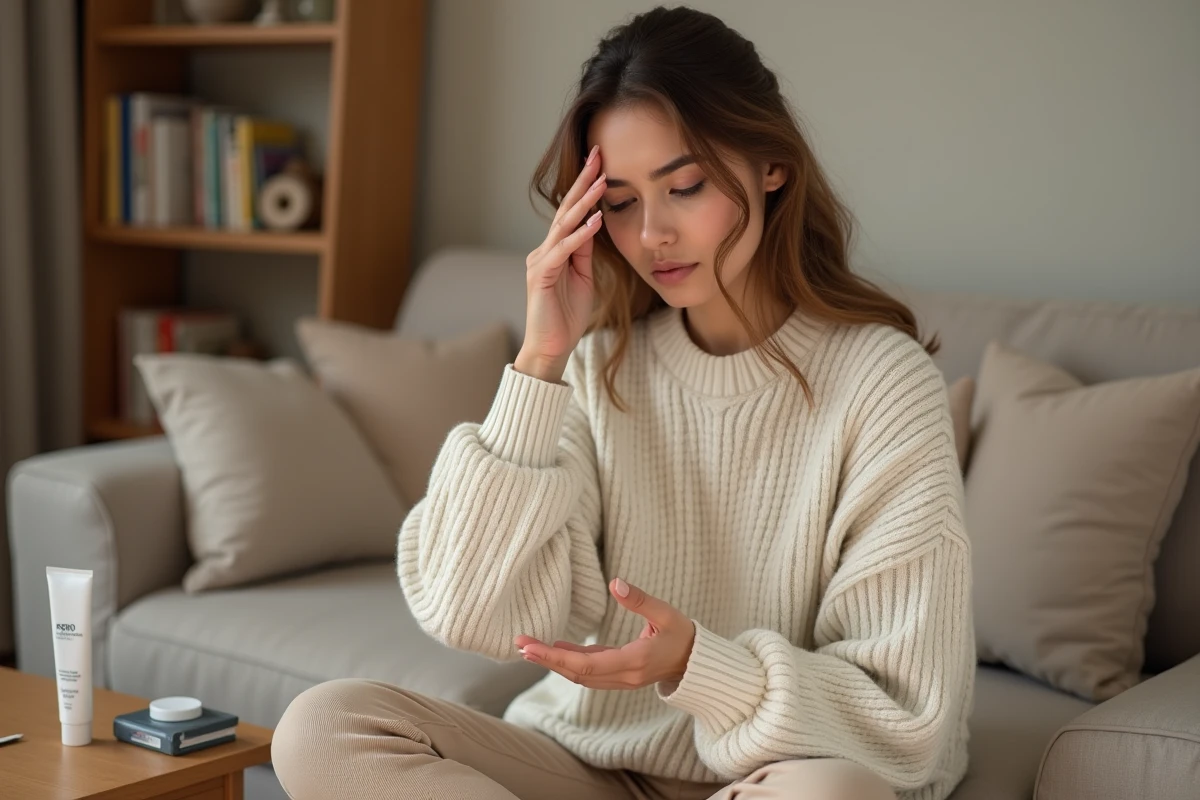 Jeune femme à la maison examinant ses ongles naturels de près avec une expression préoccupée, trousse de soin à portée de main pour traiter une infiltration d'ongle