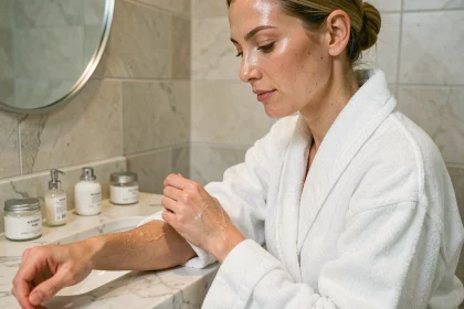Femme appliquant un gommage exfoliant sur sa peau dans une salle de bain minimaliste en marbre