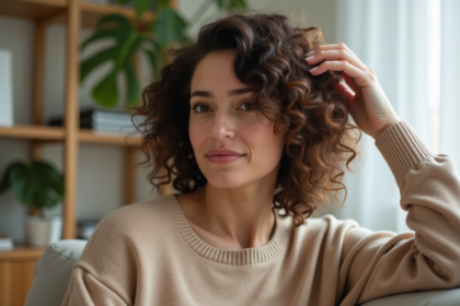 Femme aux cheveux bouclés appliquant de l'huile sur le cuir chevelu