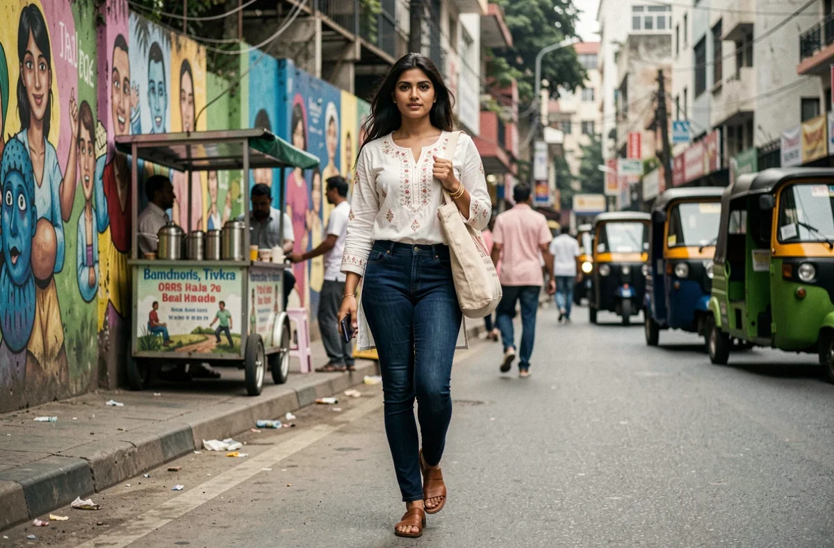 Femme indienne moderne en jean et kurta brodée dans les rues animées de Mumbai, évolution contemporaine de la beauté indienne