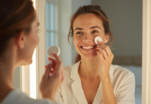 Femme d'âge moyen appliquant fond de teint devant miroir lumineux