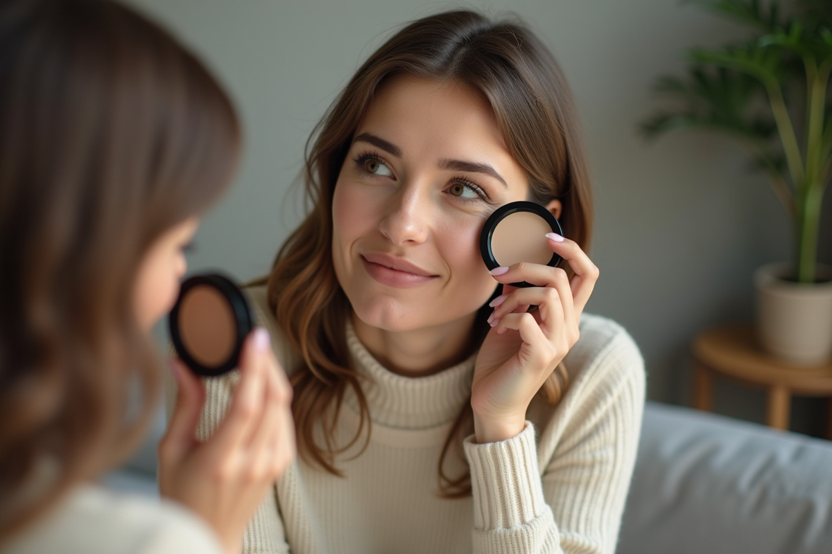 Femme regardant son reflet avec un highlighter dans un salon