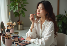 Maquillage : choisir les couleurs qui me conviennent pour sublimer mon look ! Femme appliquant du rouge à lèvres dans un miroir