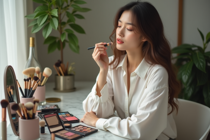 Femme appliquant du rouge à lèvres dans un miroir