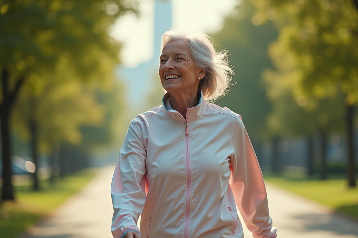 Femme active en promenade dans un parc vert