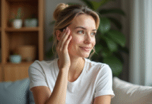 Femme d'une quarantaine se massant le visage avec douceur