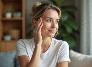 Collagène et massage du visage : quel lien ? Augmentation garantie ? Femme d'une quarantaine se massant le visage avec douceur