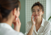 Femme en matinée dans la salle de bain naturelle