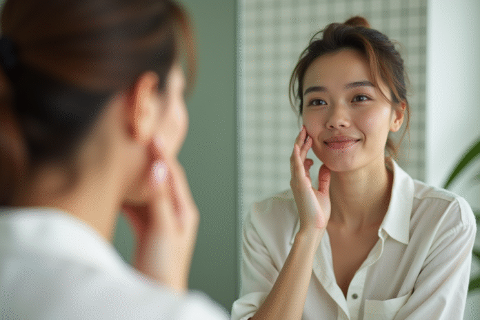 Femme en matinée dans la salle de bain naturelle
