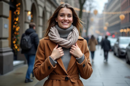 Femme élégante en hiver ajustant son écharpe