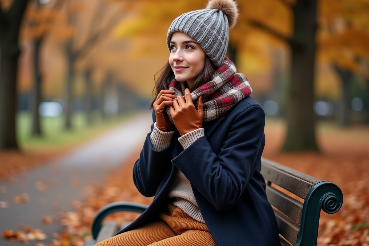 Jeune femme assise sur un banc dans un parc automnal