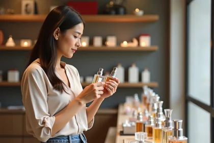 Femme comparant deux parfums en magasin