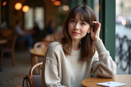 Femme assise dans un café parisien en portrait naturel