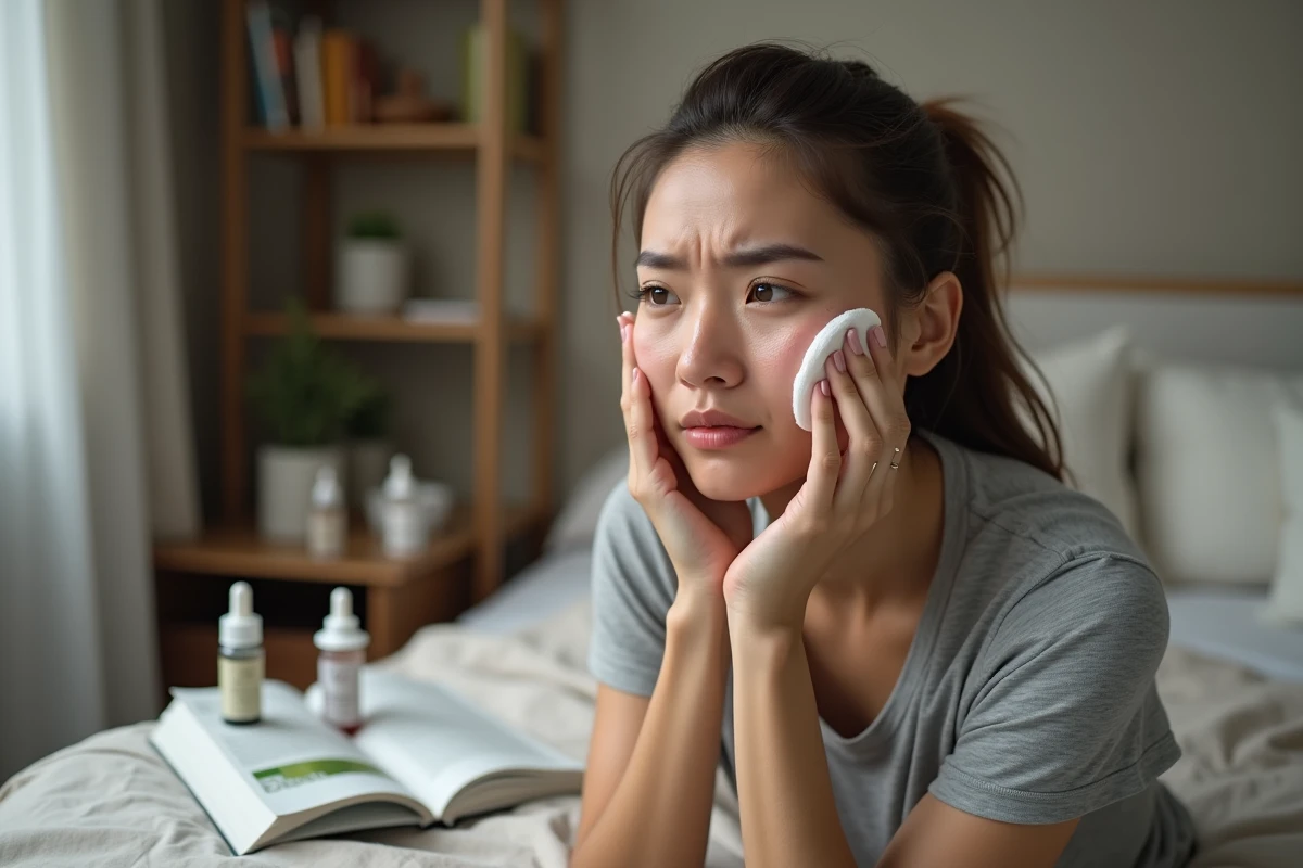 Jeune femme appliquant un coton sur sa joue irritée après une utilisation incorrecte du dermaroller à domicile