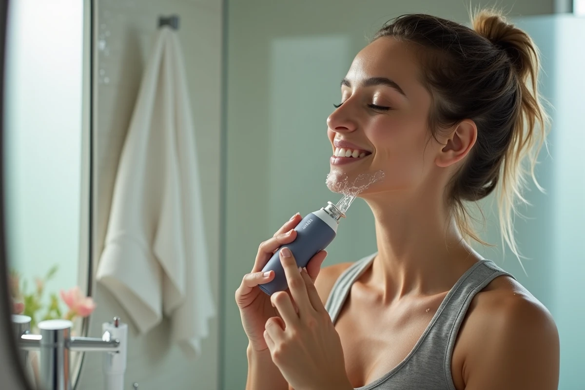 Femme se rasant sous la douche avec rasoir électrique