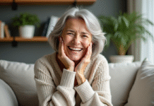 Femme souriante dans un salon lumineux et paisible