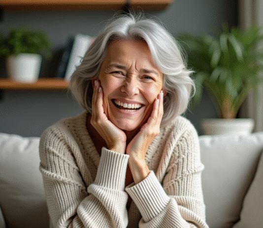 Femme souriante dans un salon lumineux et paisible