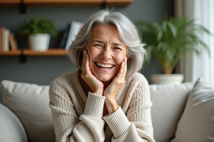 Femme souriante dans un salon lumineux et paisible