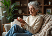 Pierre la plus curative : Découvrez ses bienfaits incroyables ! Femme méditant avec pierre de guérison dans un salon chaleureux