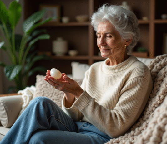 Pierre la plus curative : Découvrez ses bienfaits incroyables ! Femme méditant avec pierre de guérison dans un salon chaleureux