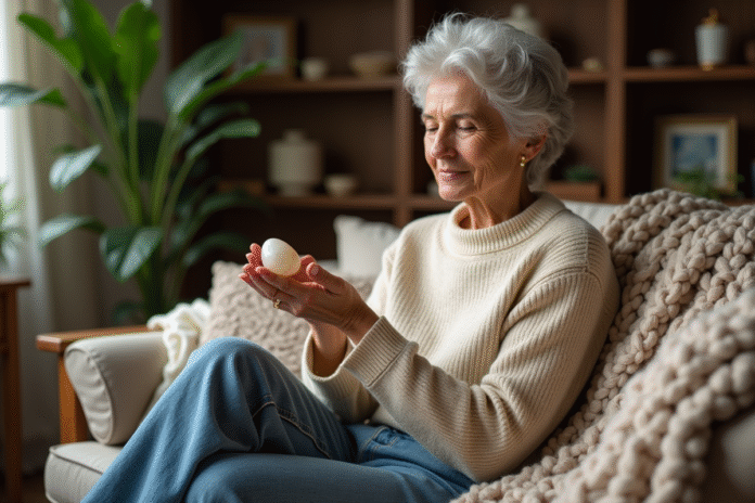 Femme méditant avec pierre de guérison dans un salon chaleureux