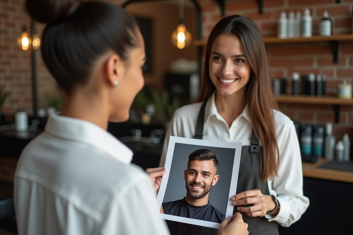 Femme montrant une référence de coupe de cheveux à la coiffeuse