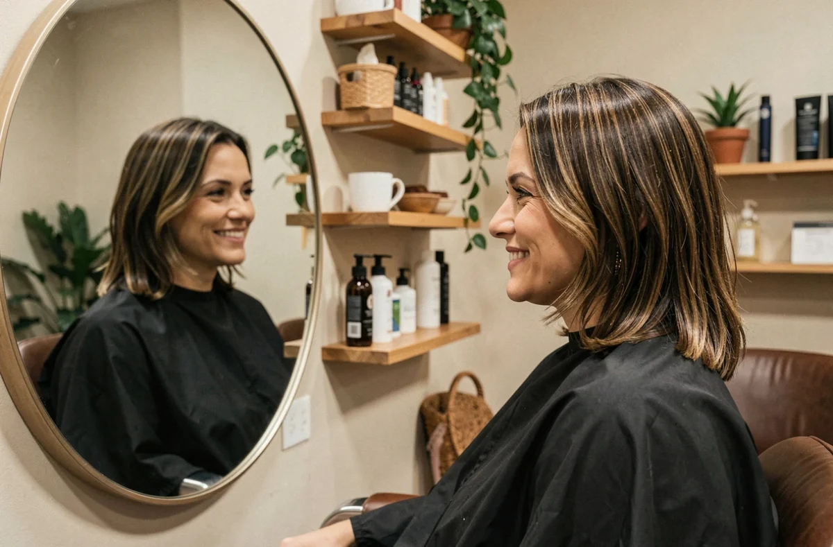 Femme satisfaite observant le résultat d'un soin repigmentant dans un miroir de salon de coiffure artisanal