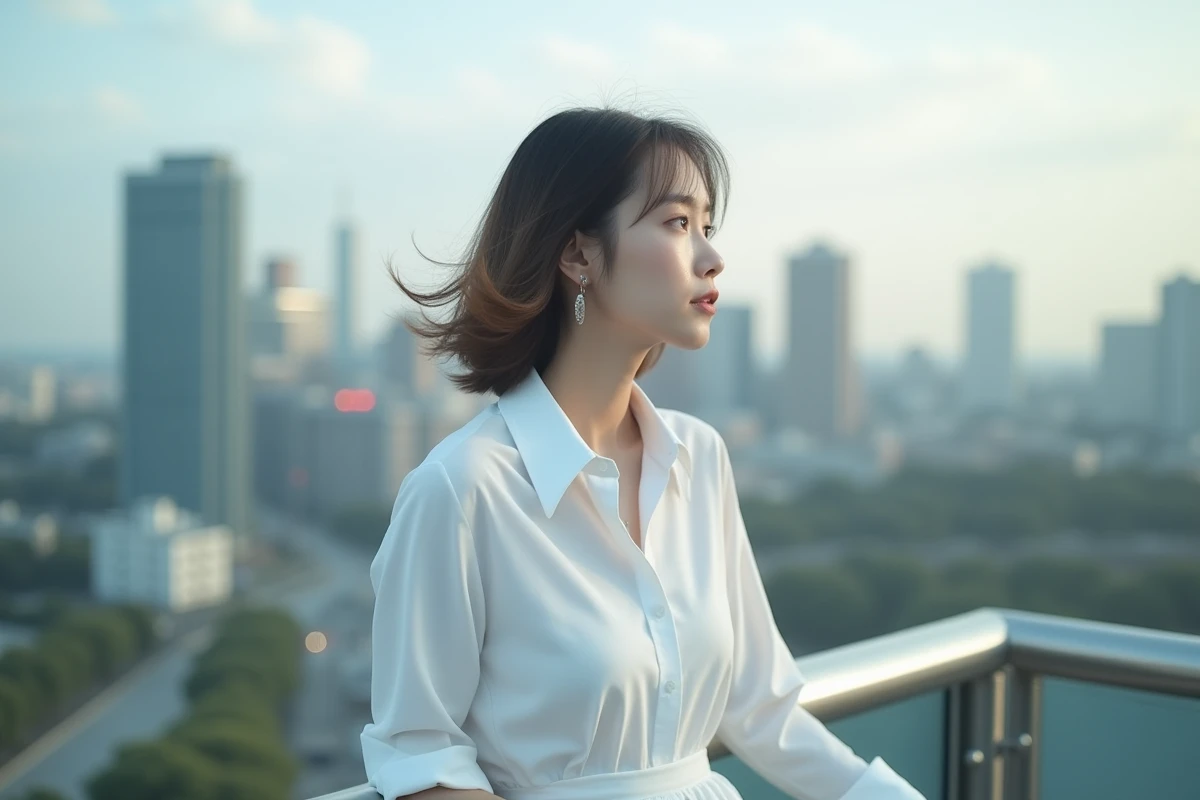 Jeune femme en robe blanche sur un rooftop urbain