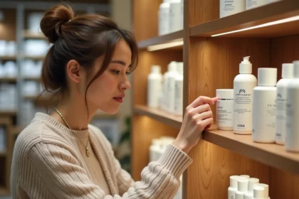 Femme regardant des produits Typology en magasin de beauté