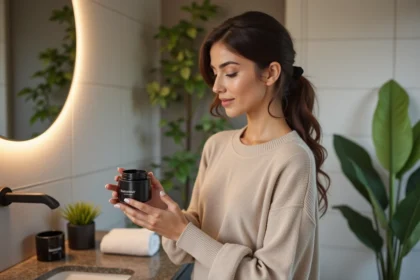 Femme contemplant un pot de savon noir dans un bain moderne