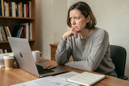 Femme sceptique devant son ordinateur portable en train d'analyser les avis négatifs sur Chogan et la rentabilité du MLM en 2026