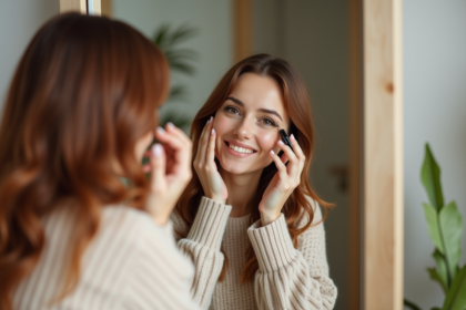 Femme souriante se maquillant devant un miroir dans une chambre chaleureuse