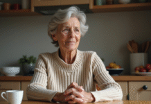 Femme senior assise à la cuisine contemplant ses mains