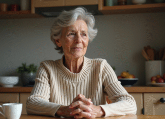 Collagène : les conséquences sur notre corps sans cette protéine essentielle Femme senior assise à la cuisine contemplant ses mains