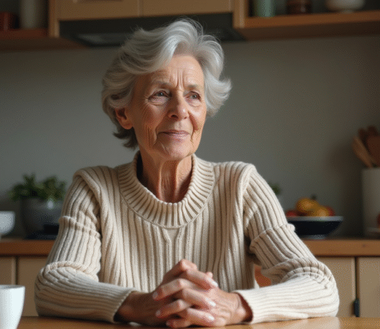 Femme senior assise à la cuisine contemplant ses mains