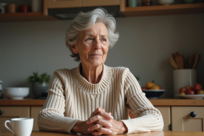 Femme senior assise à la cuisine contemplant ses mains