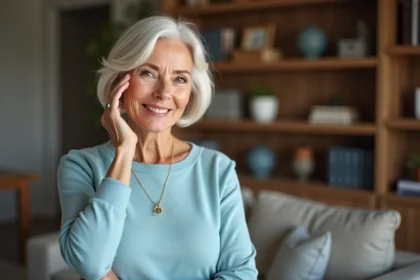 Femme senior souriante en intérieur avec cheveux blancs