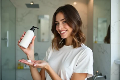 Femme souriante tenant un shampoing dans la salle de bain