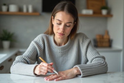 Femme en train de limer ses ongles gel dans une cuisine lumineuse