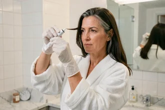 Femme dans la quarantaine appliquant un soin repigmentant sur ses premiers cheveux blancs dans une salle de bain moderne