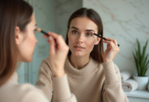 Jeune femme se maquillant les sourcils dans une salle de bain lumineuse