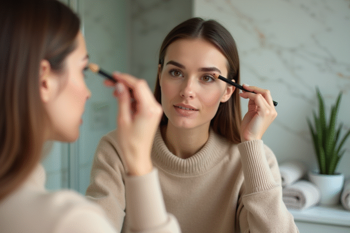 Jeune femme se maquillant les sourcils dans une salle de bain lumineuse
