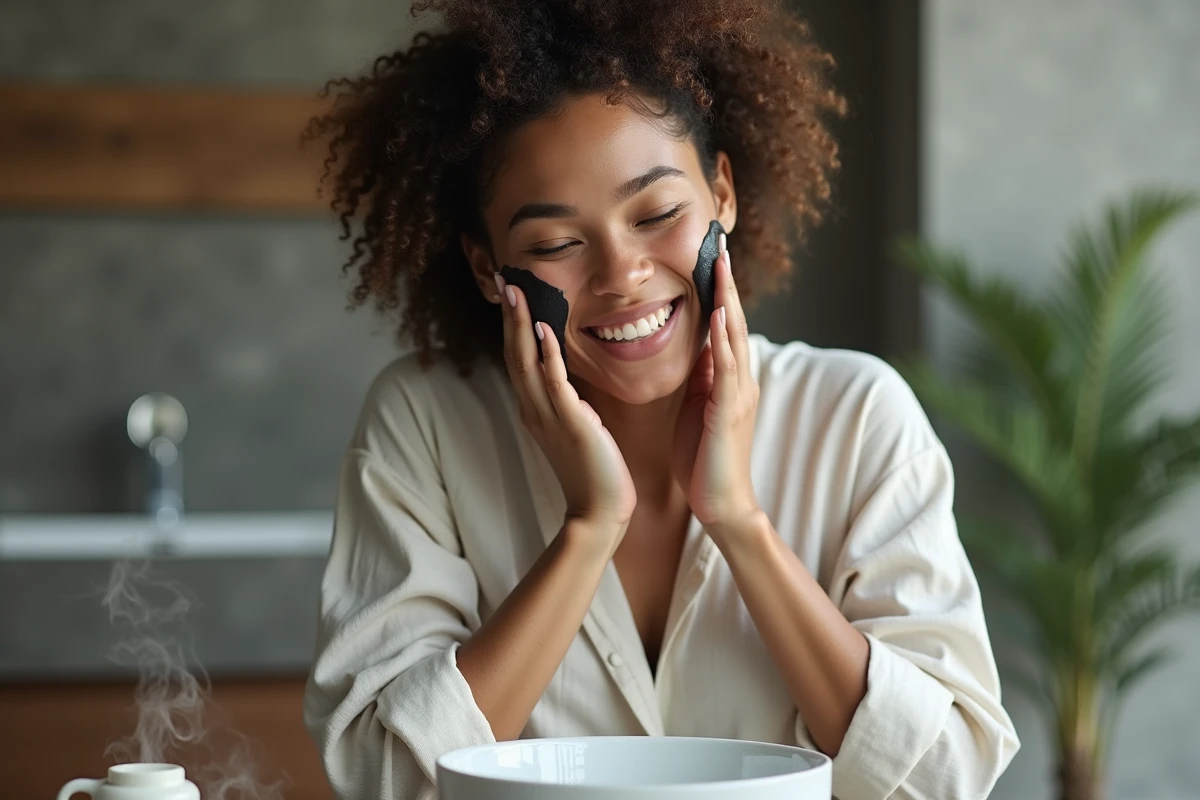 Femme appliquant du savon noir sur le visage dans une salle de bain naturelle