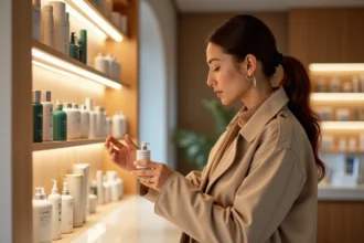 Femme élégante dans un magasin de beauté regardant des produits