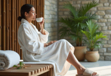 Femme en peignoir blanc dans un spa moderne et relaxant