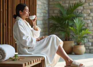 Tenue spa idéale : comment bien s’habiller pour apprécier votre journée détente ? Femme en peignoir blanc dans un spa moderne et relaxant