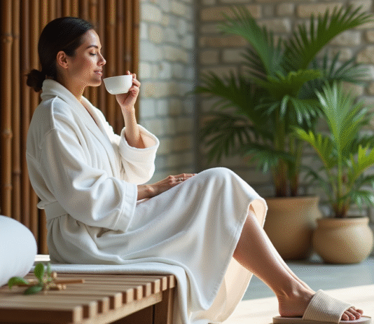 Tenue spa idéale : comment bien s’habiller pour apprécier votre journée détente ? Femme en peignoir blanc dans un spa moderne et relaxant
