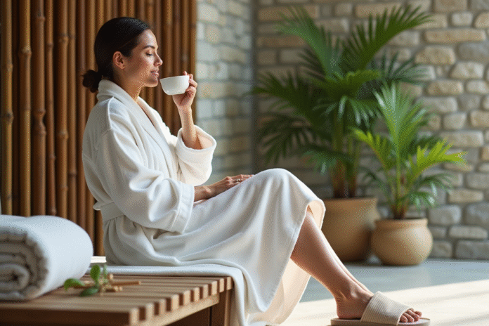 Femme en peignoir blanc dans un spa moderne et relaxant